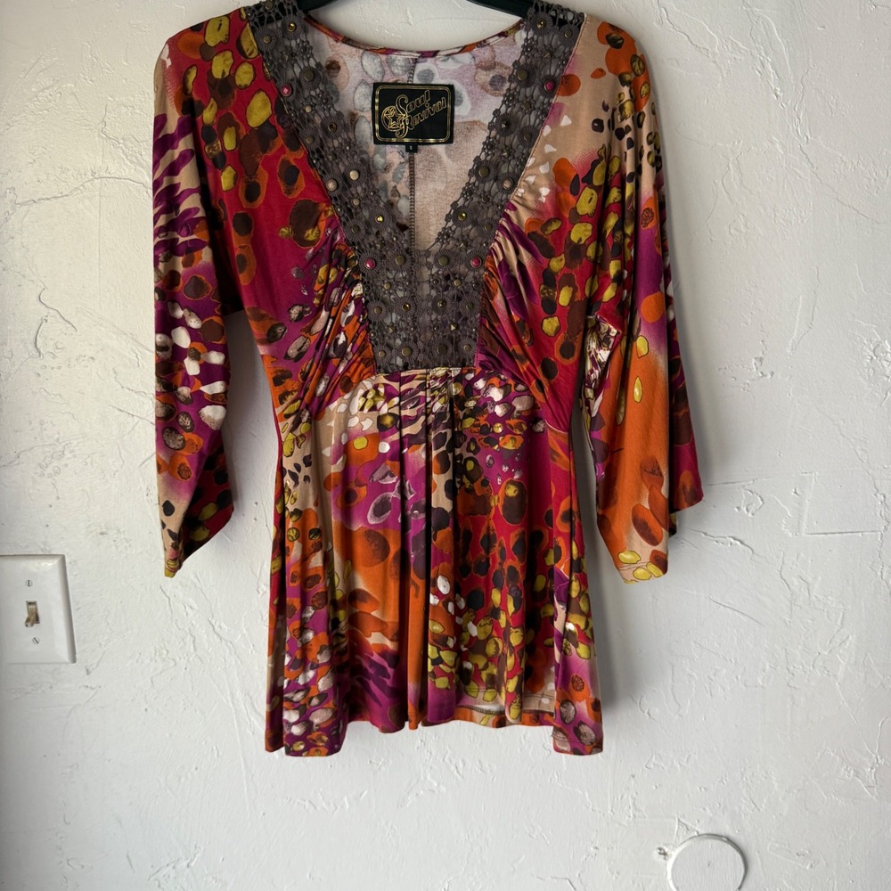Sacred Revival Top Small Red Orange Purple 3/4 Sleeve Embellished Boho‎